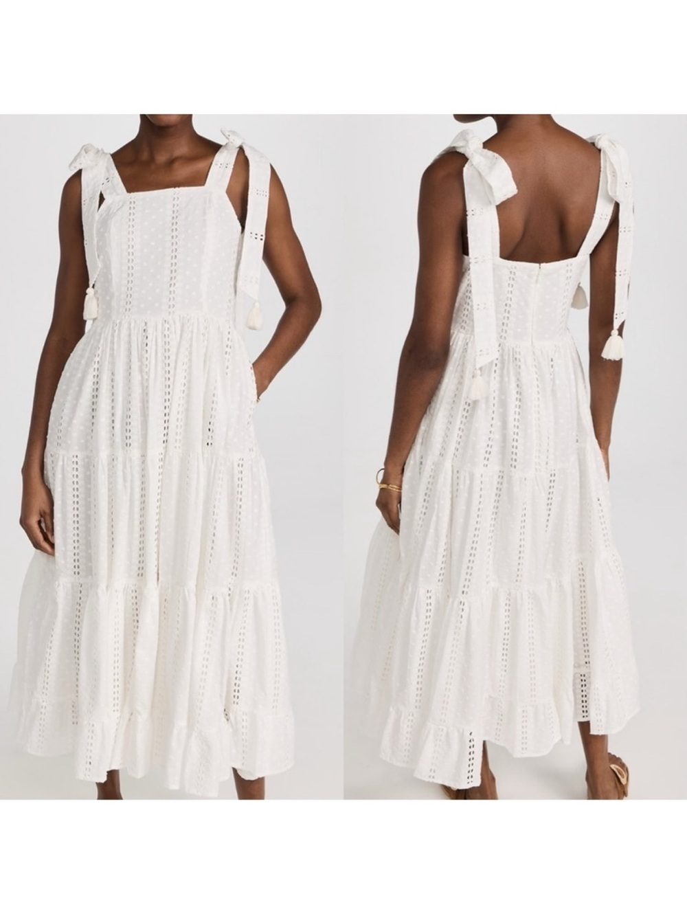 White Eyelet Tie-Shoulder Midi Dress with Tiered Skirt